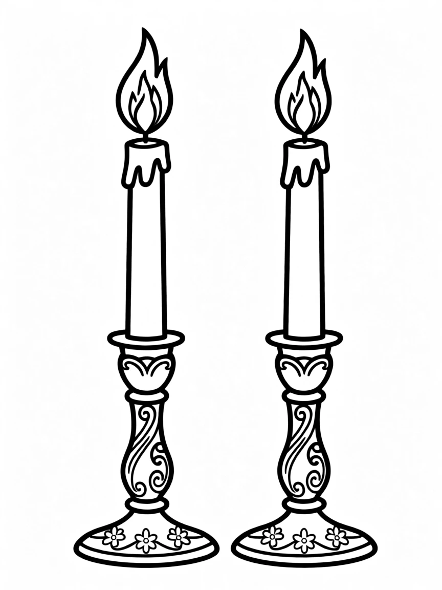 Shabbat candles with detailed candlesticks and flame patterns