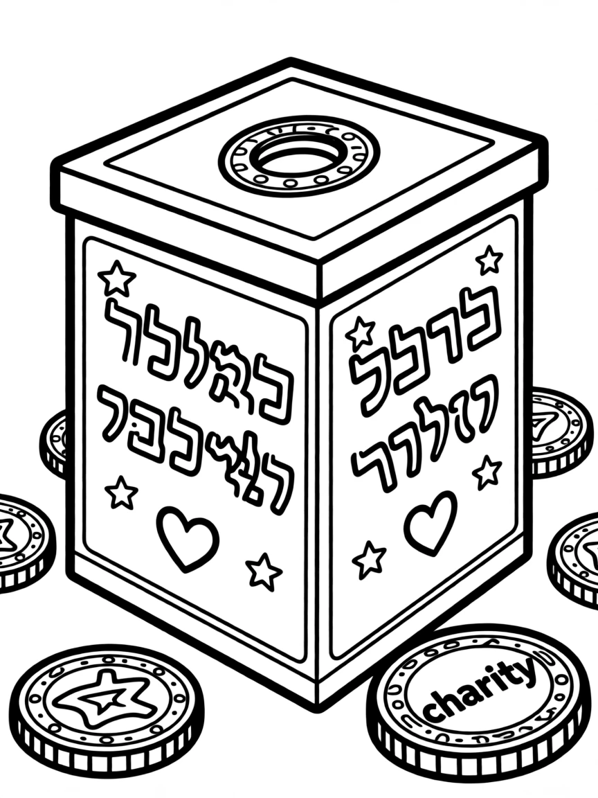 Tzedakah box with detailed coin slot and charity inscriptions