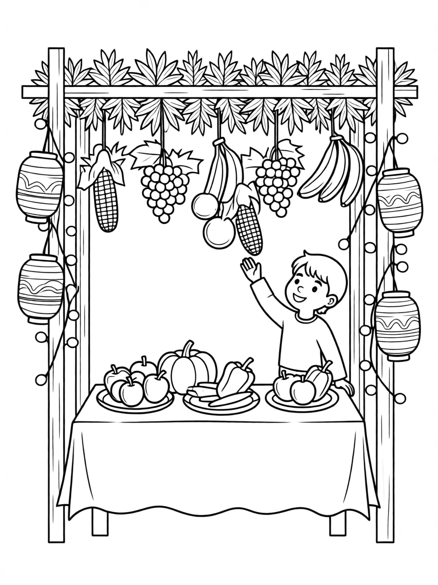 Sukkah decorated with detailed fruits, vegetables and hanging decorations