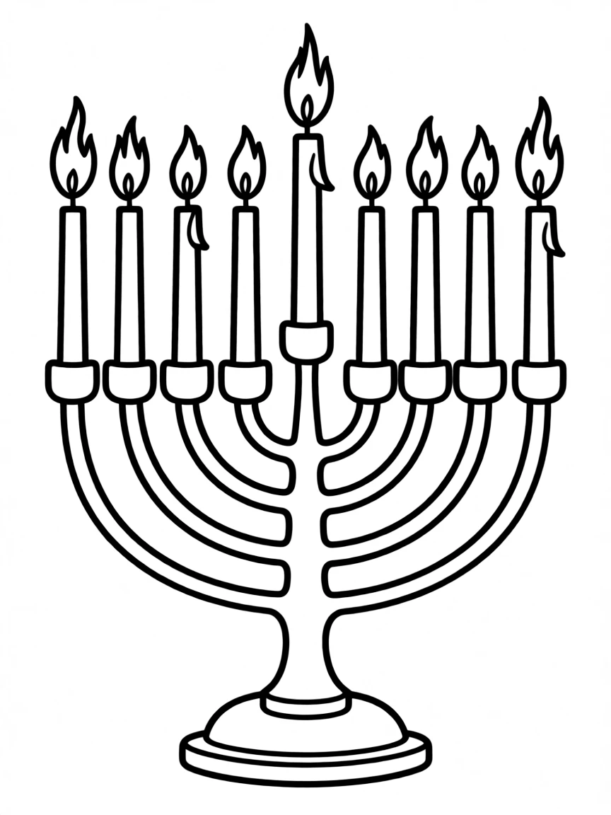 Chanukah menorah (chanukiah) with all candles lit and detailed flames