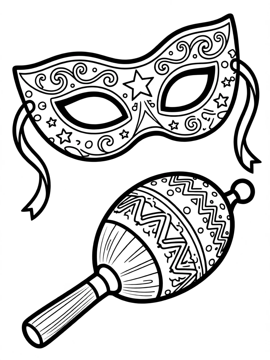 Purim mask and grogger with detailed carnival decorations