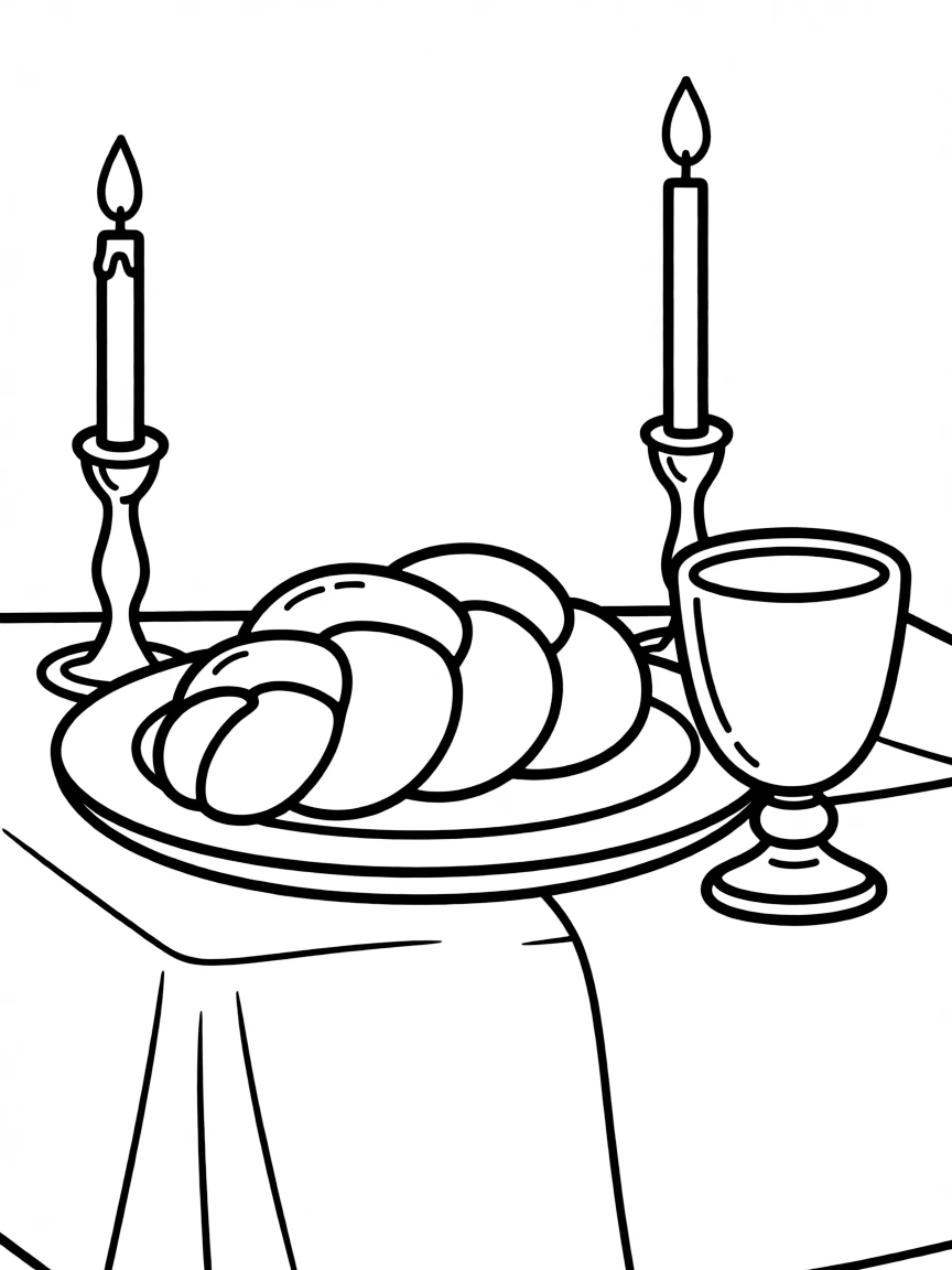 Shabbat table setting with challah, candles, and kiddush cup detailed