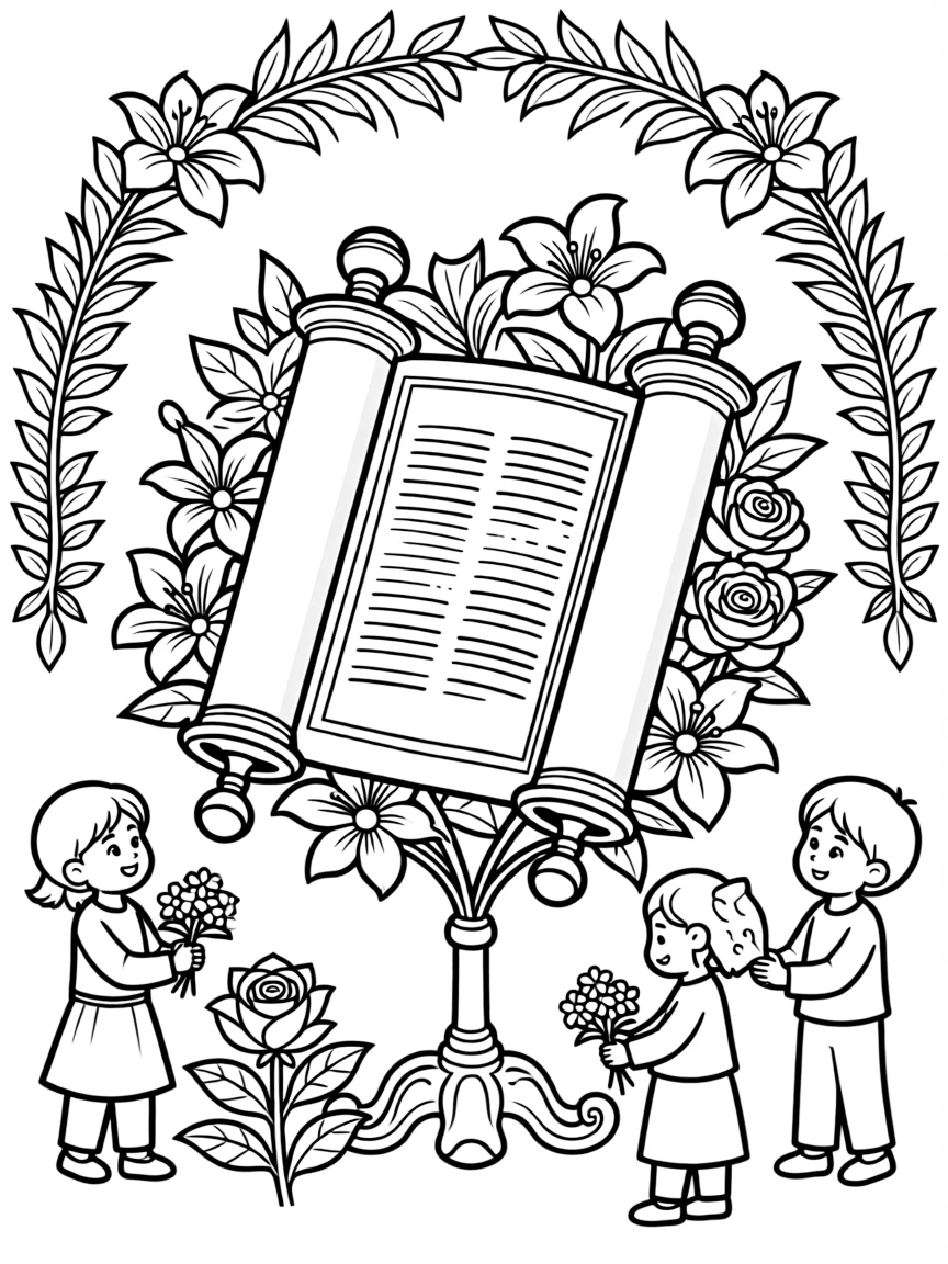 Shavuot scene with detailed Torah and flower decorations