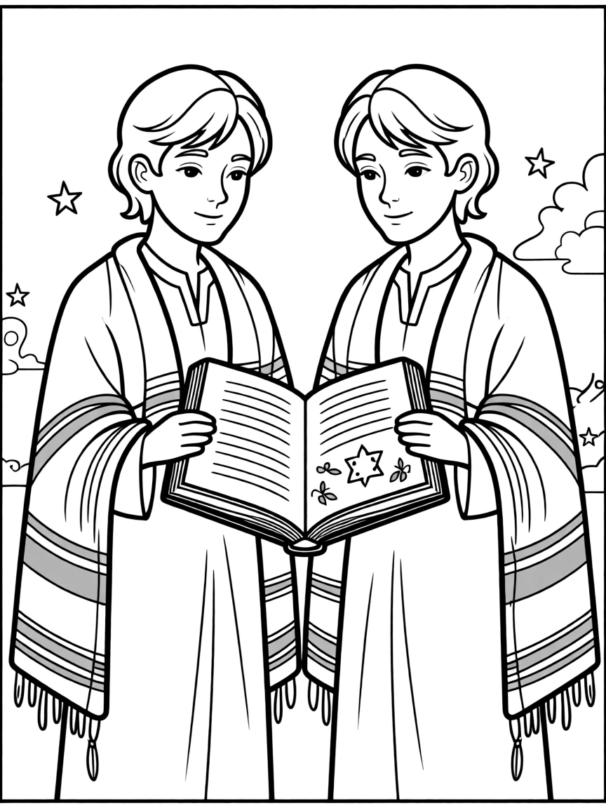 Yom Kippur scene with tallit-covered figures and Book of Life imagery