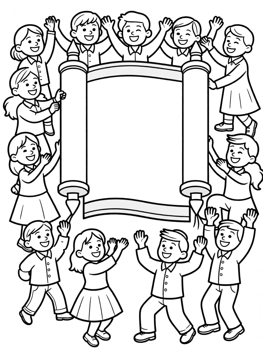 Simchat Torah celebration with detailed Torah scrolls and dancing figures