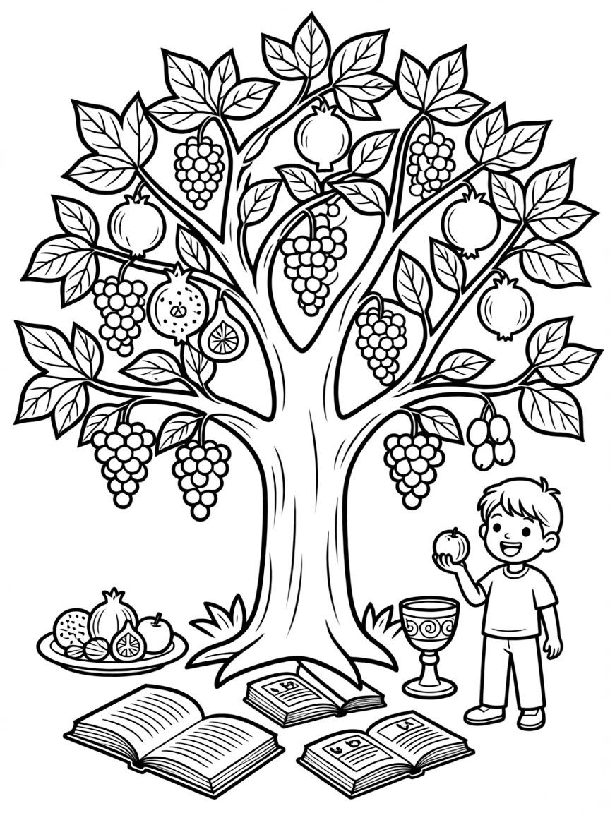 Tu B'Shvat tree with detailed fruits and ceremonial elements