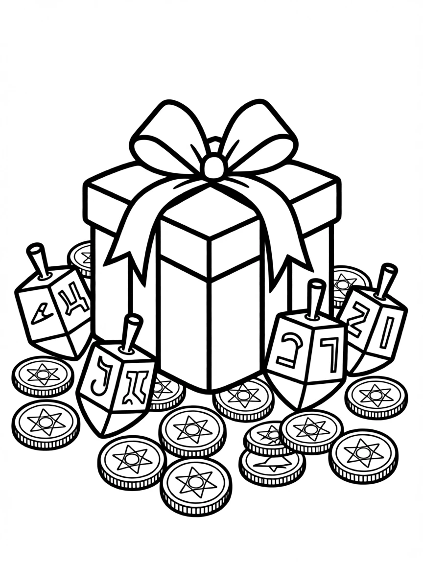 Hanukkah gift arrangement with detailed dreidels and gelt coins
