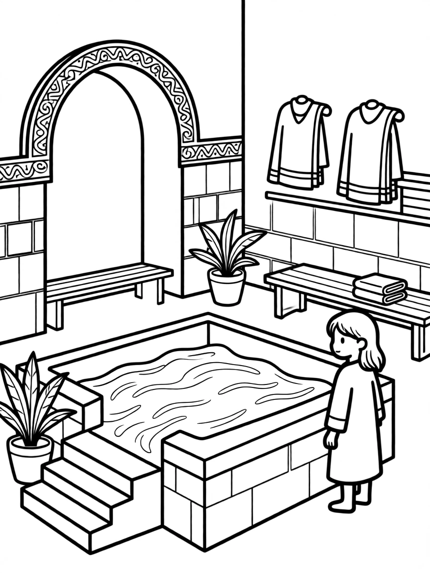 Mikvah ritual bath with detailed architectural elements and water patterns