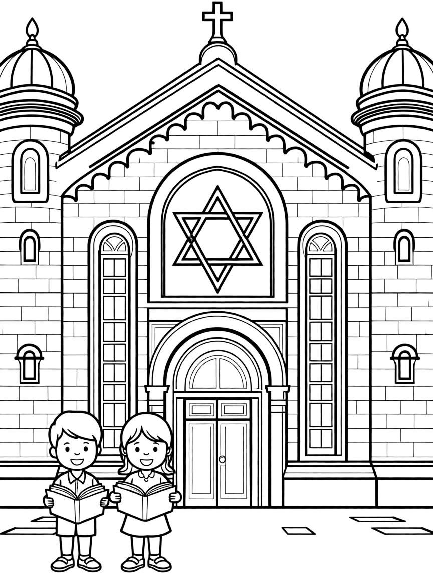 Detailed synagogue facade with characteristic architectural elements