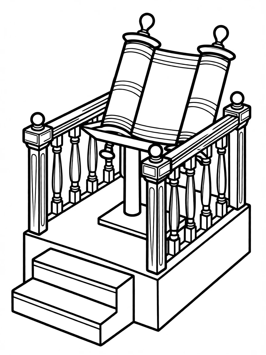 Rabbi's pulpit (bimah) with Torah reading table and detailed railings