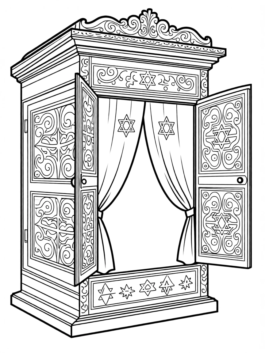 Torah ark with ornate curtain (parochet) and detailed woodwork