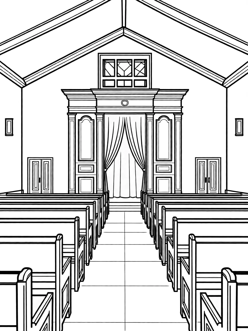Synagogue interior showing detailed seating arrangement and ark