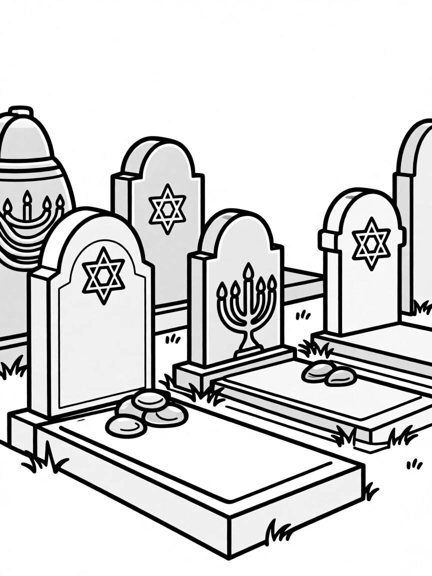 Jewish cemetery with detailed traditional tombstones and symbols