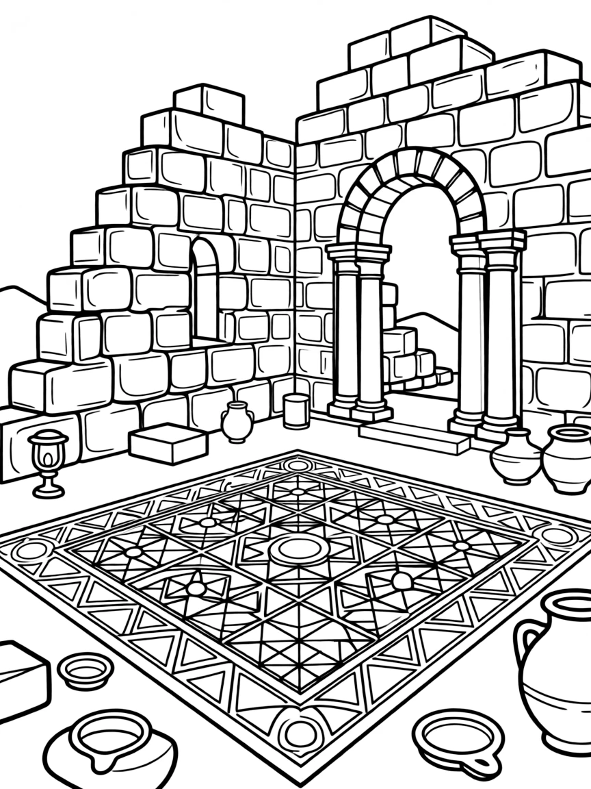Ancient synagogue ruins with detailed mosaic floor patterns