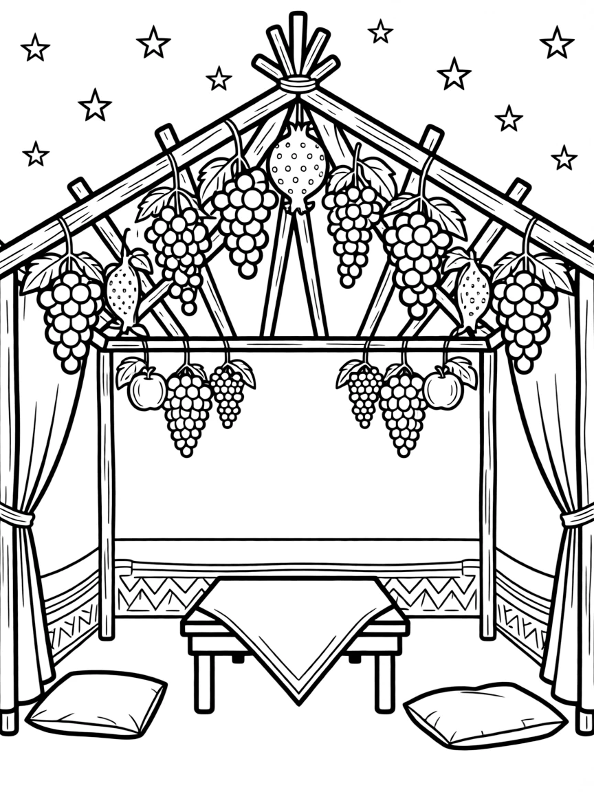 Sukkah interior with detailed hanging fruits and star-visible roof