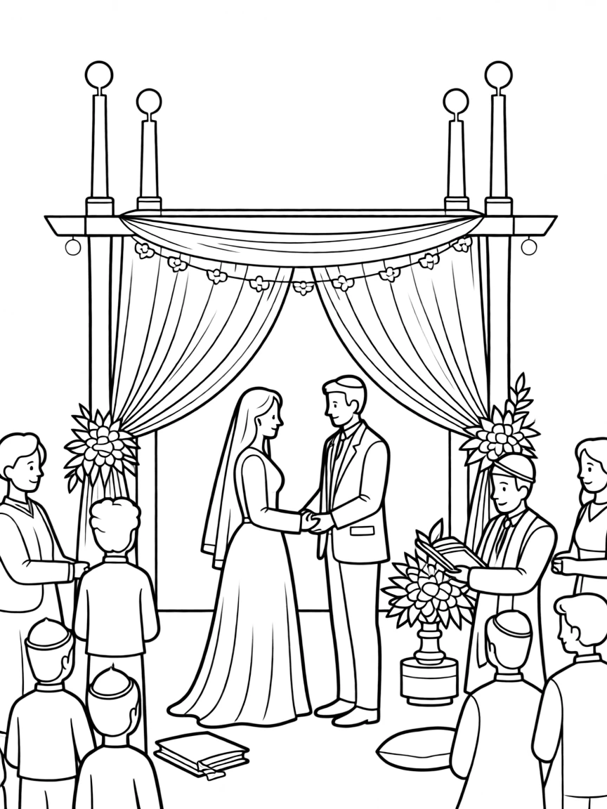 Traditional Jewish wedding scene with detailed chuppah and customs