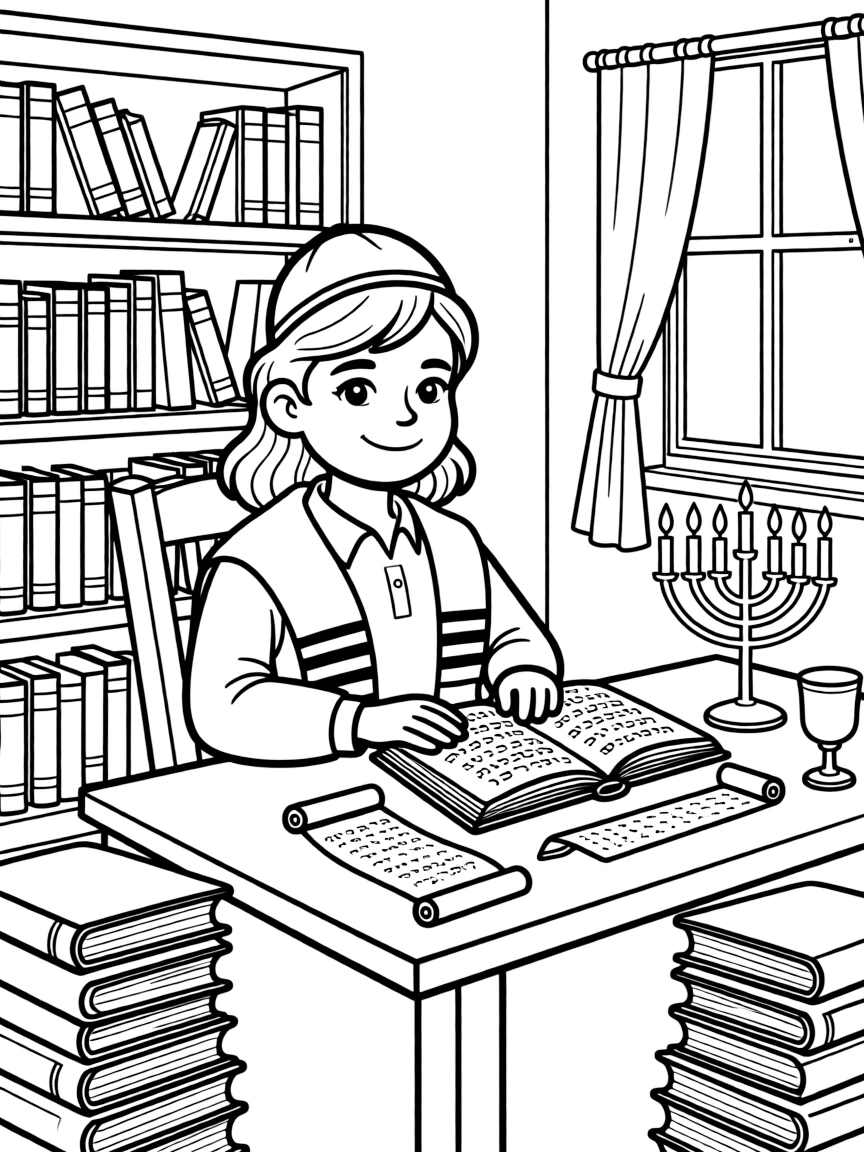 Rabbi's study with detailed books, Judaica, and traditional elements