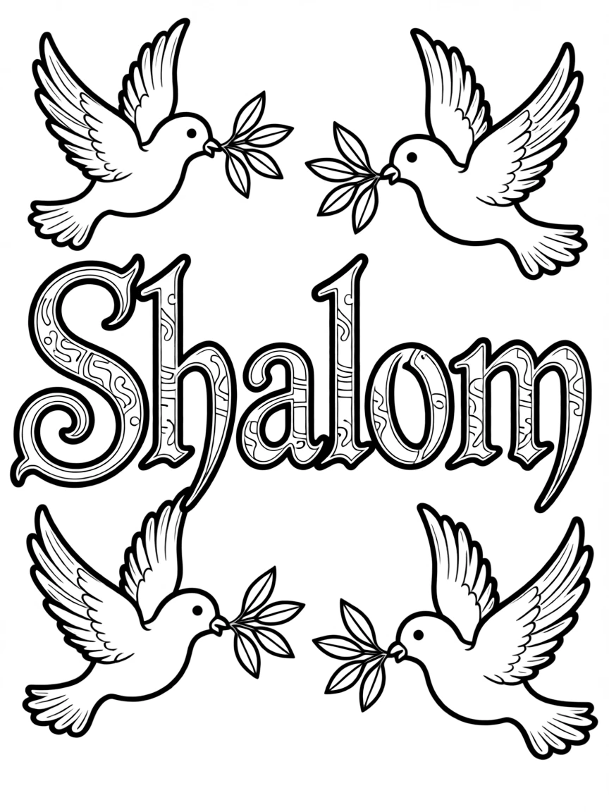 "Shalom" in elaborate Hebrew letters with dove and olive branch motifs