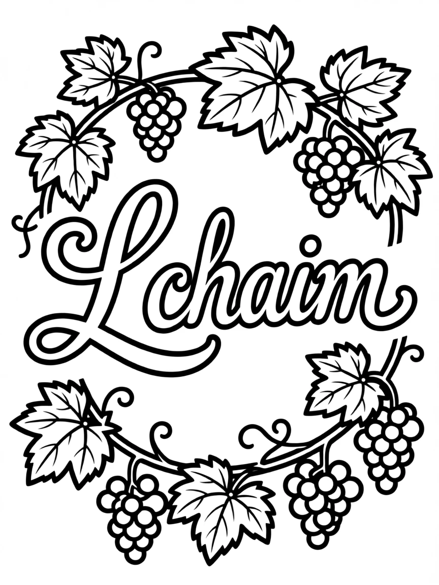 "L'Chaim" (to life) in festive Hebrew calligraphy with grape vine motifs
