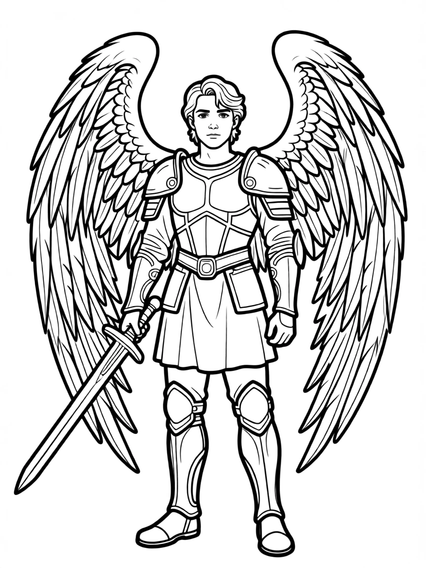 Archangel Michael with detailed armor, sword, and wings
