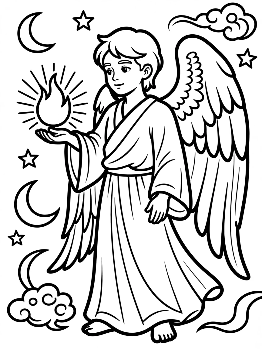 Archangel Uriel with flame of wisdom and detailed celestial symbolism