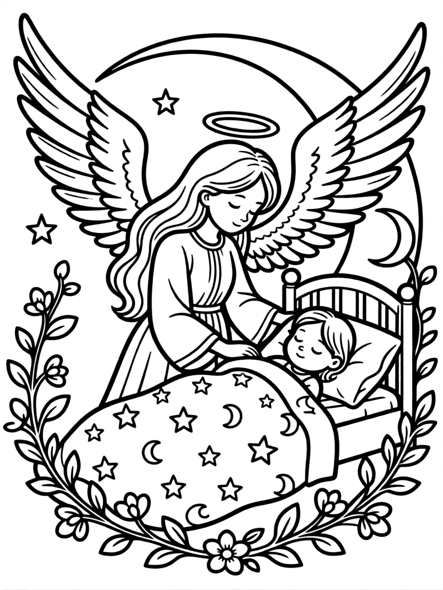 Guardian angel watching over sleeping child with detailed protective elements