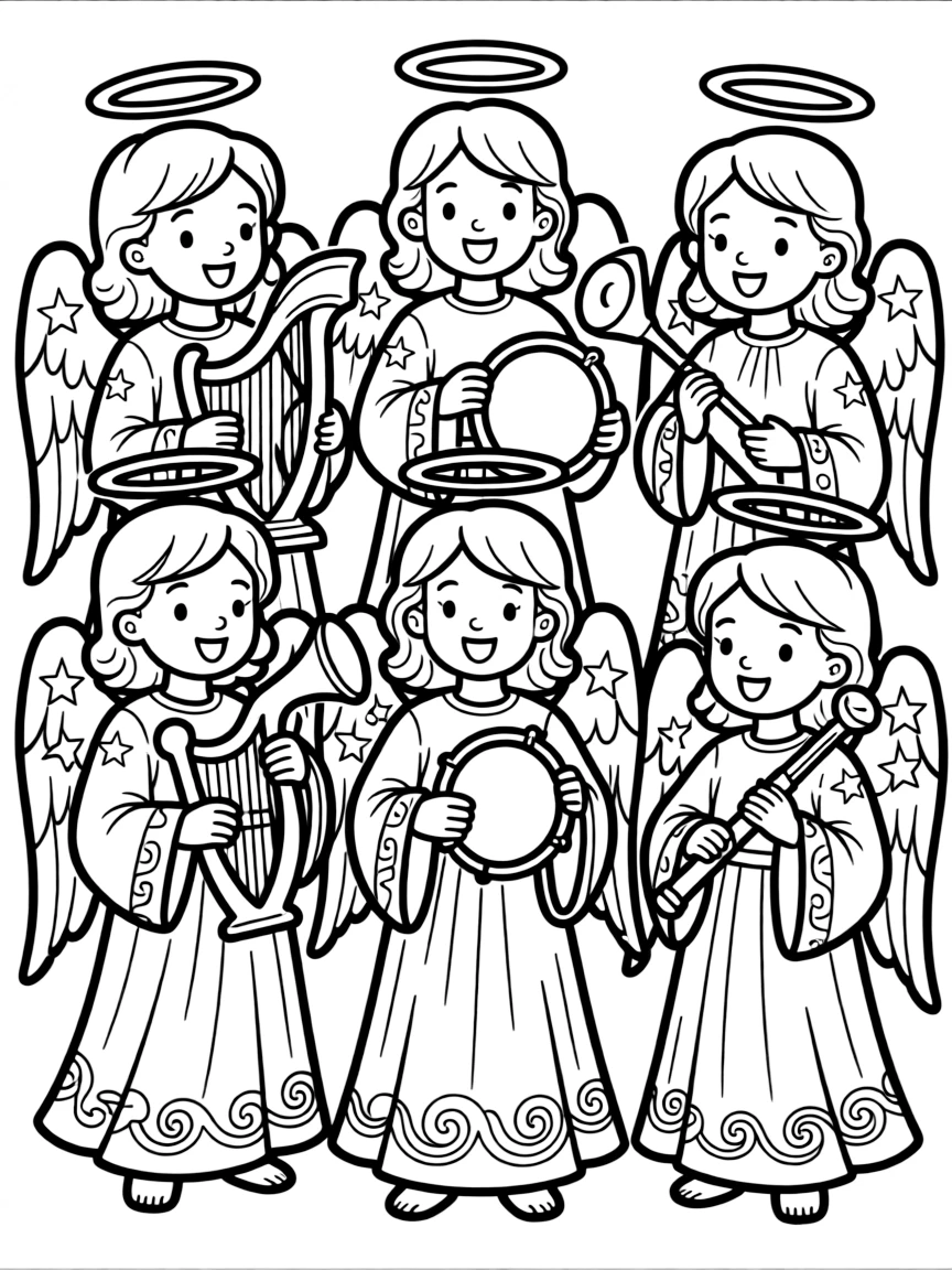 Choir of angels with various musical instruments and detailed robes