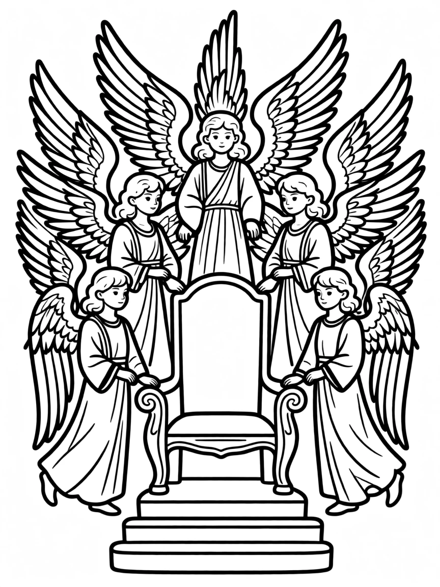 Seraphim surrounding throne with six wings in detailed arrangement