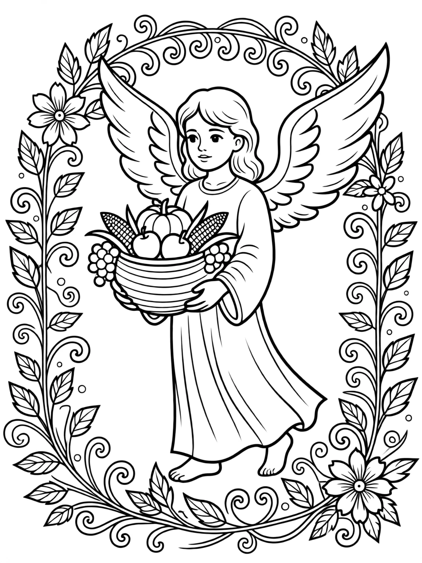 Angel of abundance with cornucopia and detailed natural elements