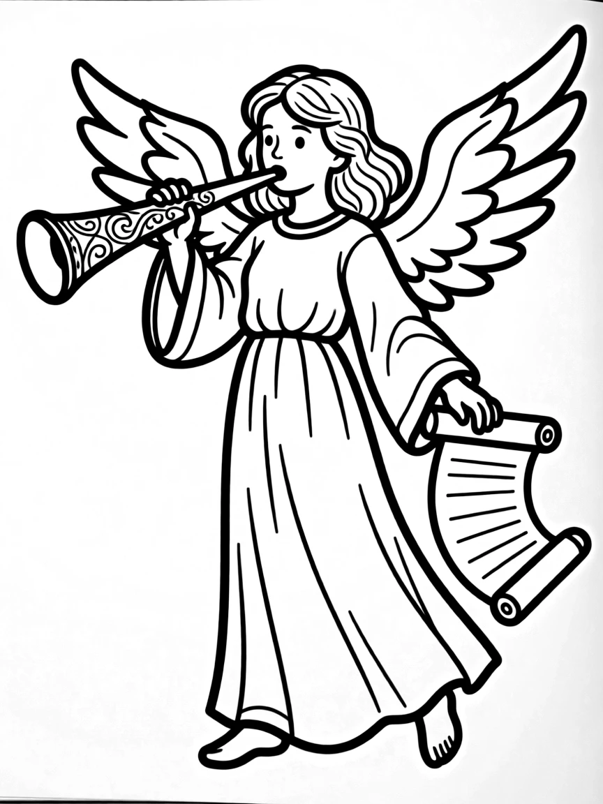 Announcing angel with scroll and detailed herald trumpet