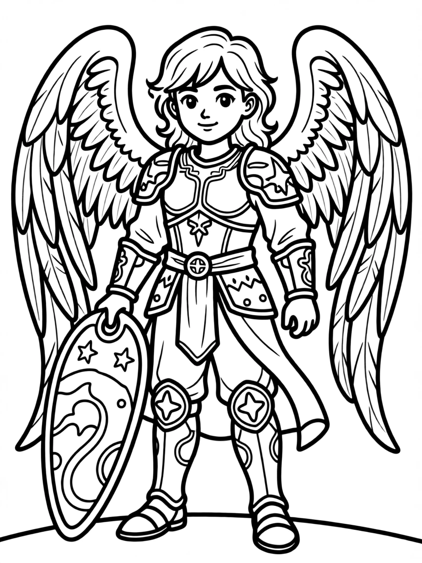 Protective angel with shield and detailed armor elements