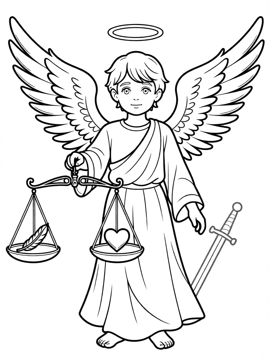 Angel of justice with scales and detailed symbolic elements