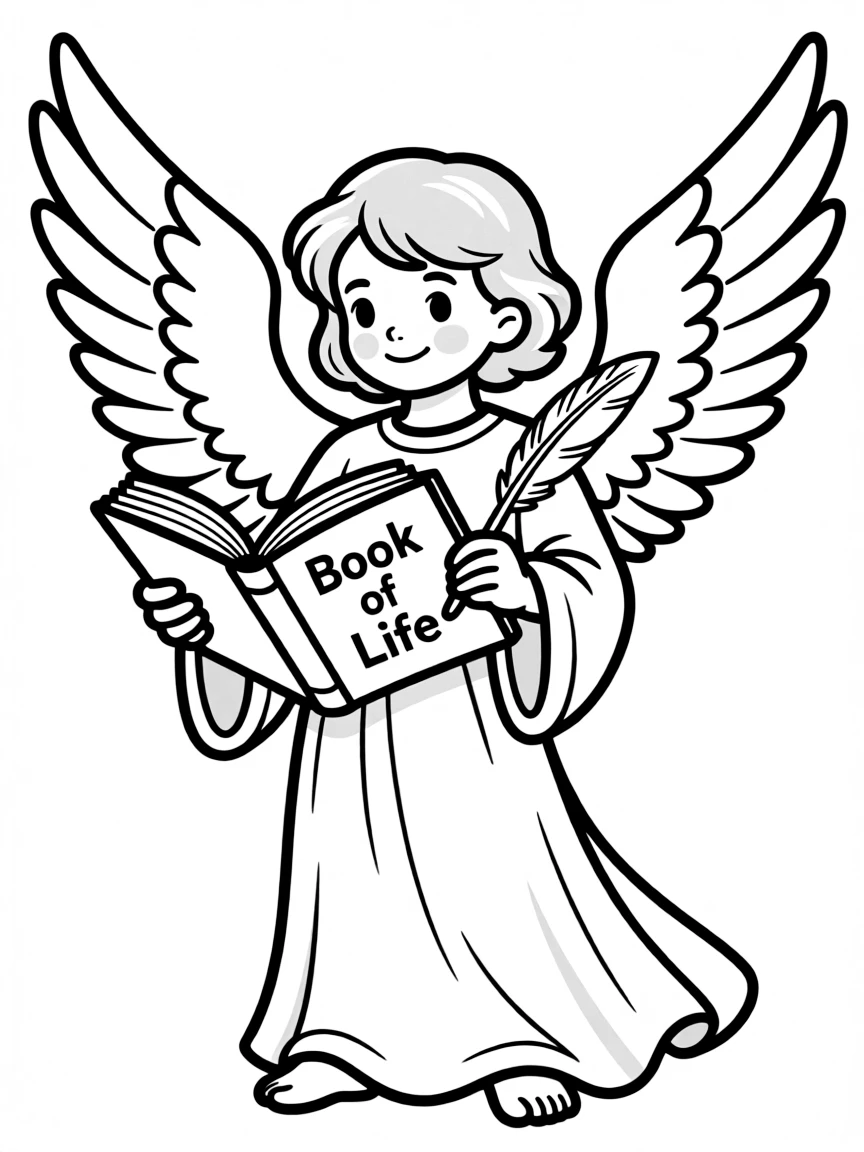 Angel with book of life and detailed quill for recording deeds