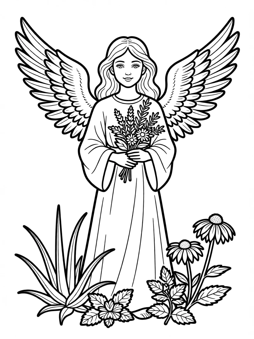 Angel of healing with herbs and detailed medicinal elements