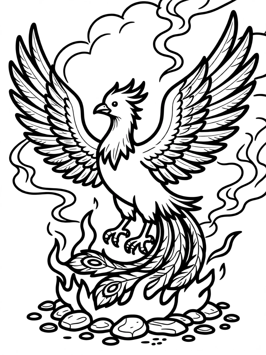 Phoenix rising from ashes with detailed flame and feather patterns