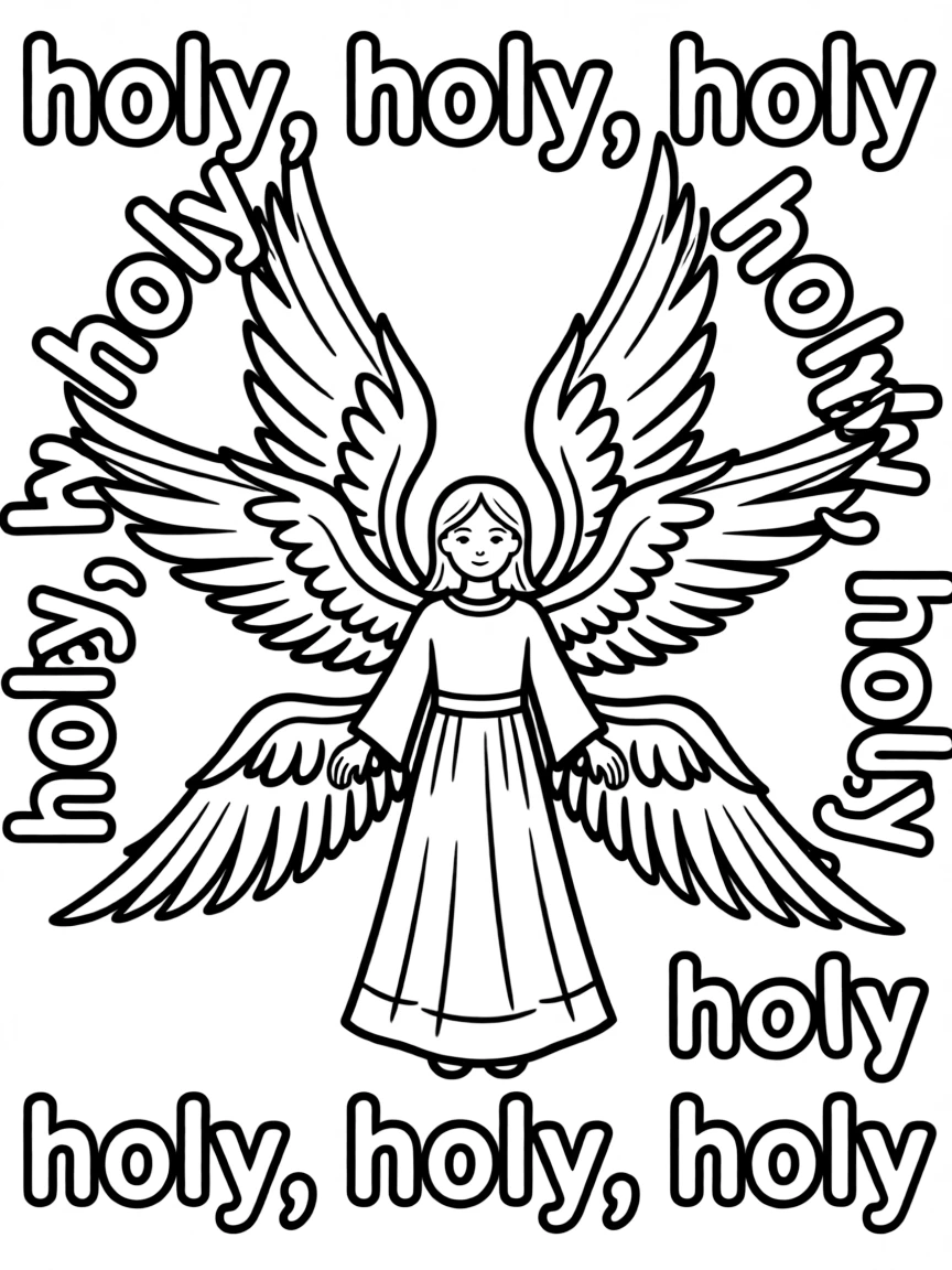 Seraph with six wings and detailed "holy, holy, holy" text