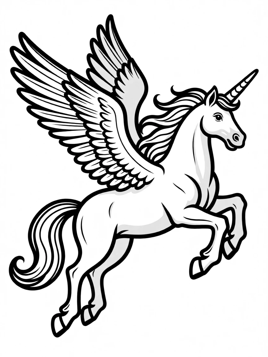 Pegasus in flight with detailed wing structure and flowing mane