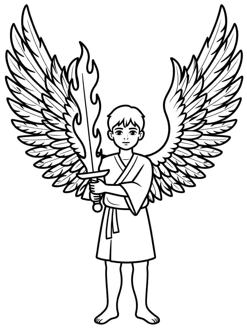 Garden of Eden guardian with flaming sword and detailed wings