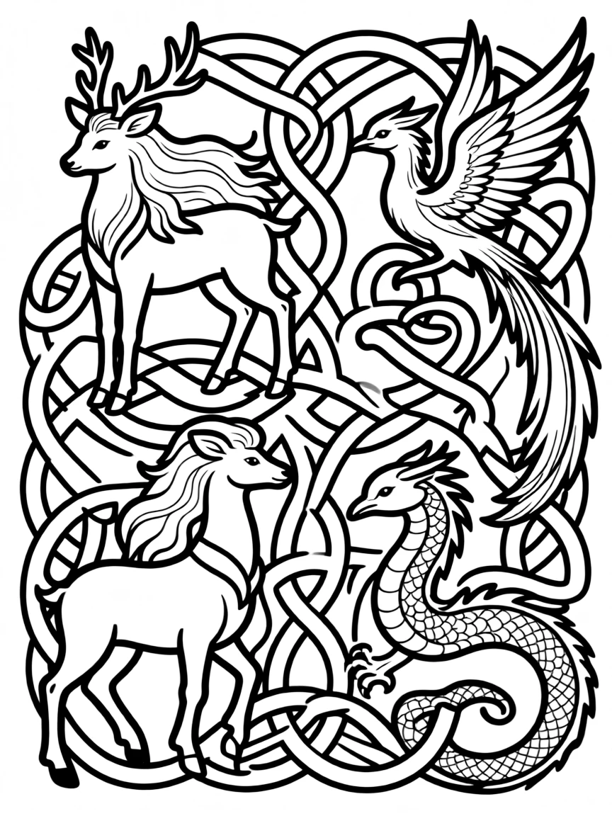 Celtic spiritual creatures interwoven in knotwork pattern
