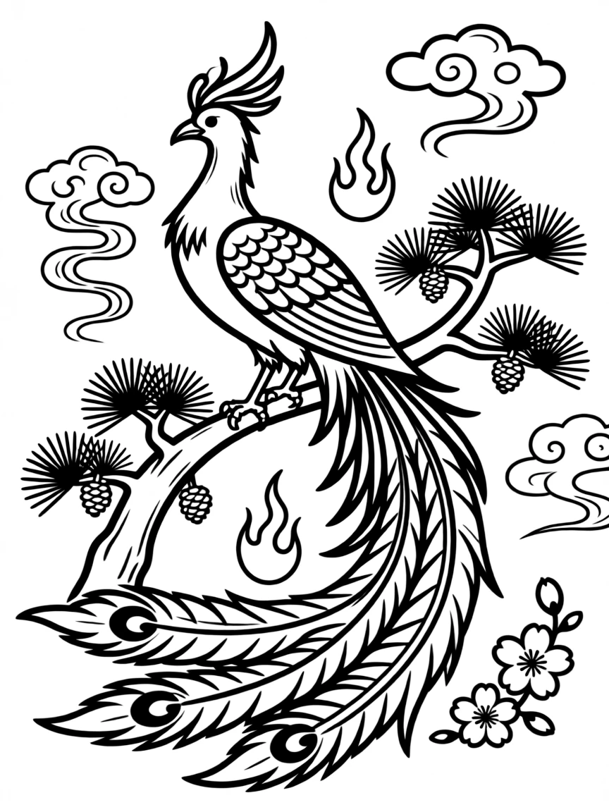 Japanese phoenix (ho-o) with detailed plumage and symbolic elements
