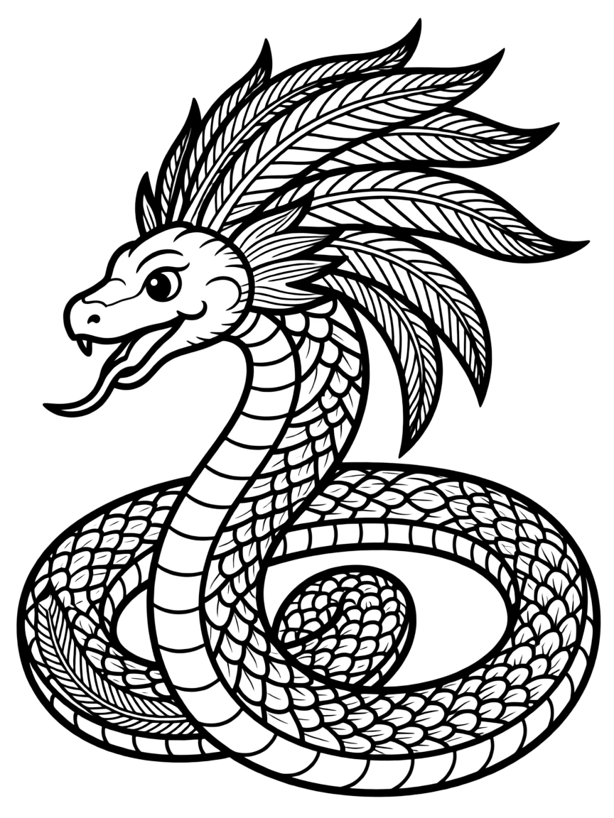 Mayan feathered serpent with detailed plumage and scale patterns