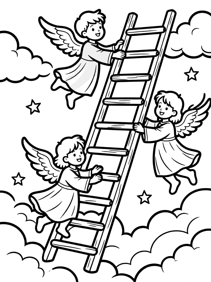 Jacob's ladder with angels ascending and descending with detailed elements