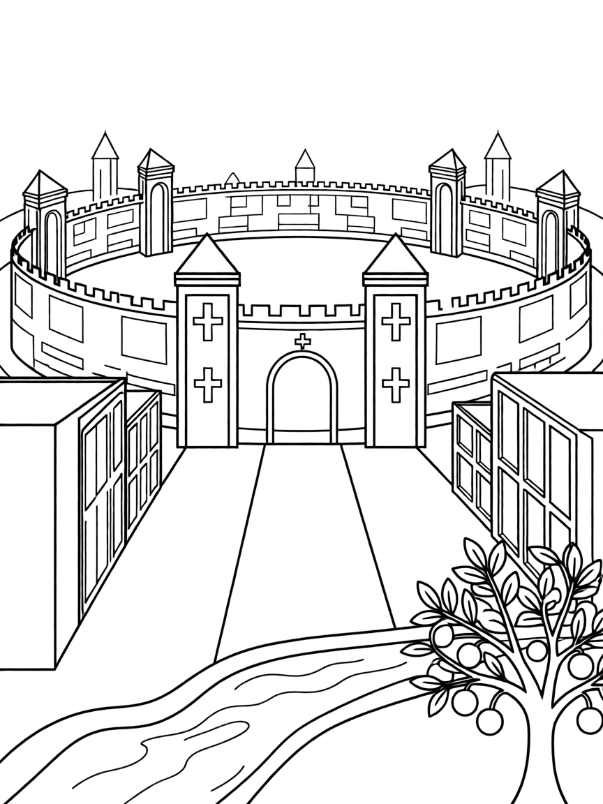 Heavenly Jerusalem with detailed architectural elements from Revelation