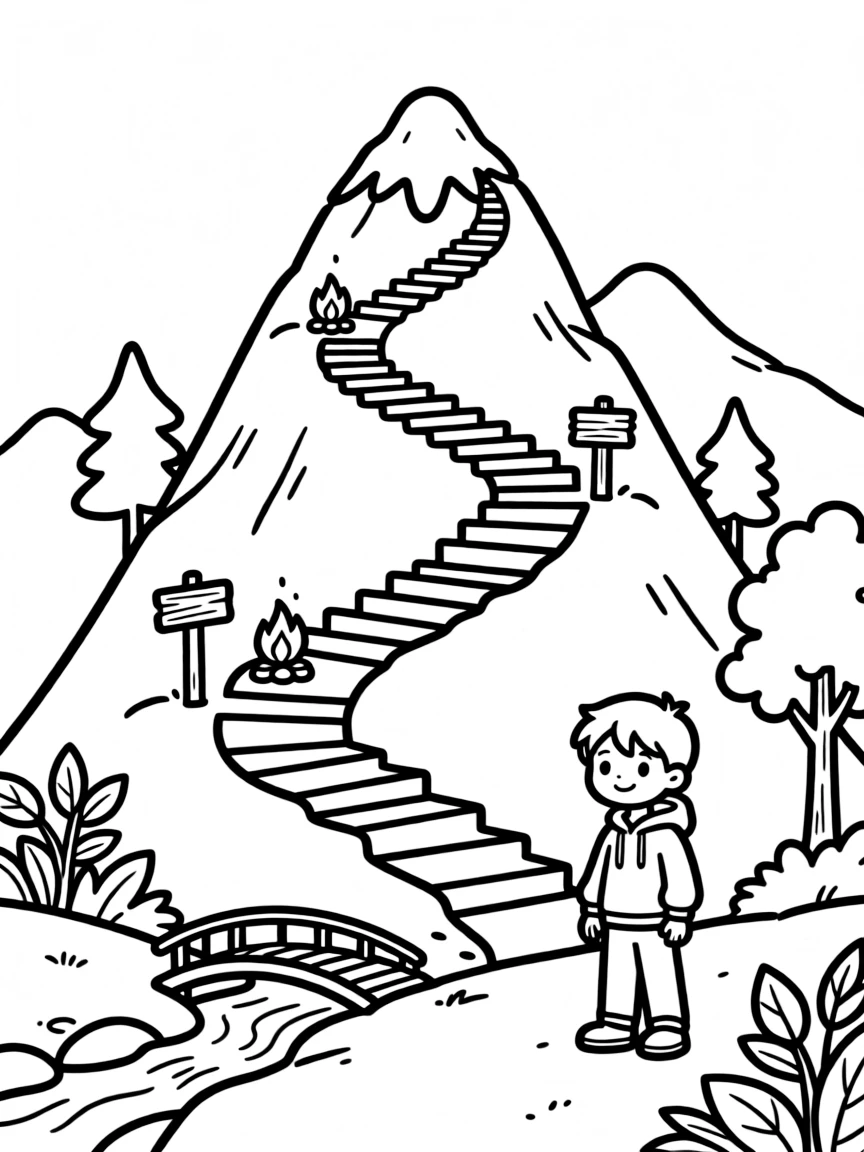 Spiritual mountain with detailed path of ascent and symbolic stages