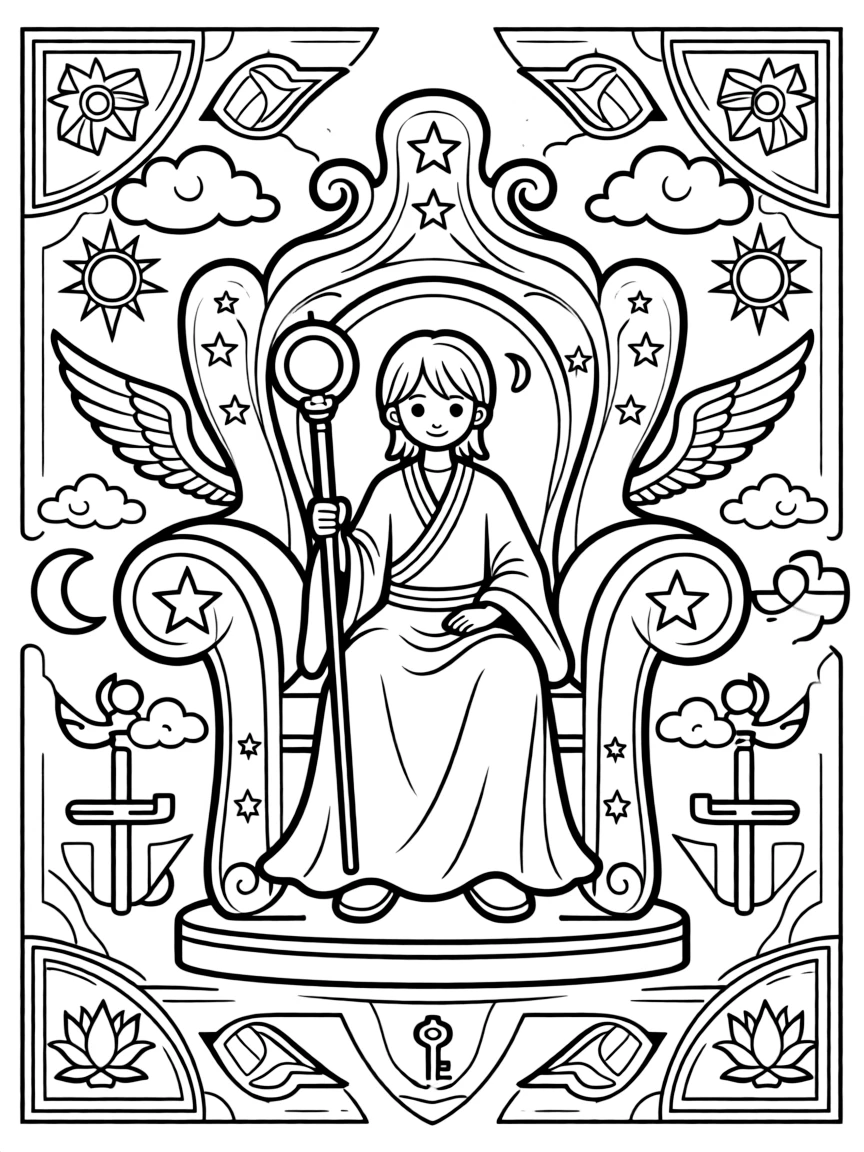 Celestial throne with detailed symbolic elements from various traditions