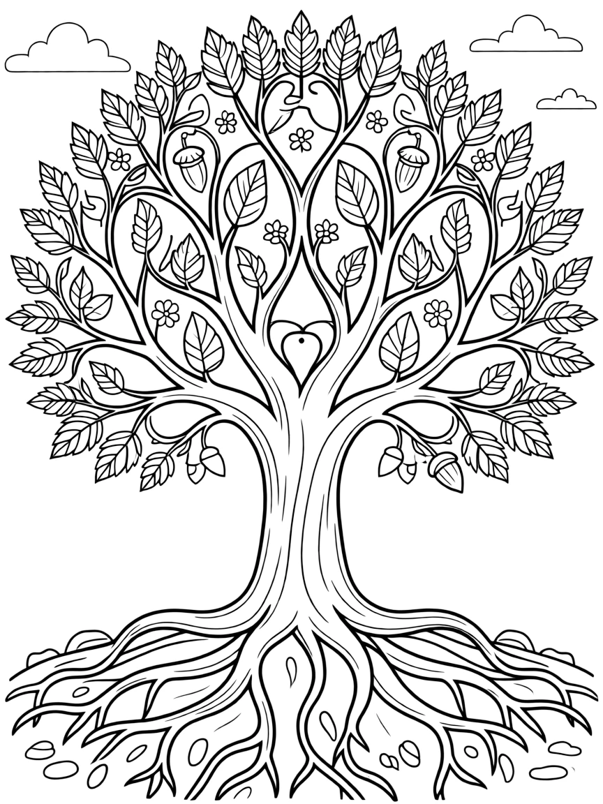 Tree of life extending between realms with detailed root and branch system