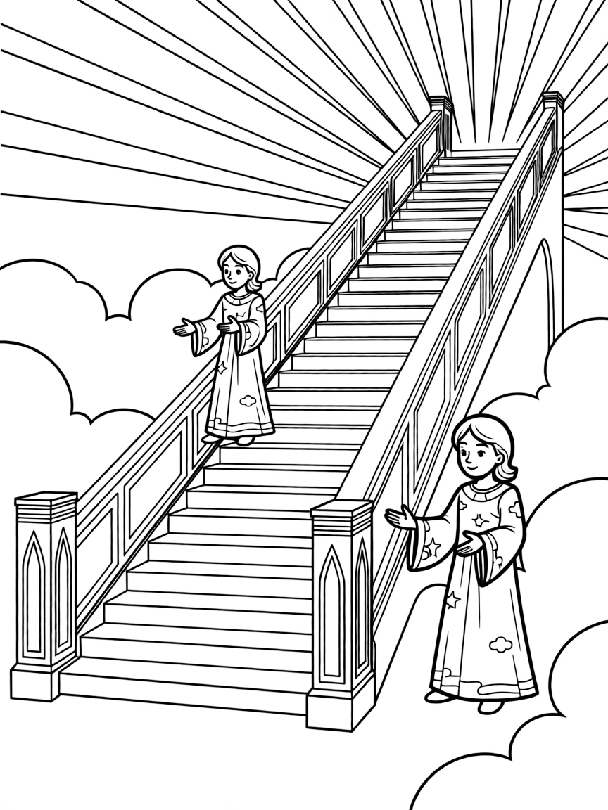 Stairway to heaven with detailed architectural elements and symbolic guardians