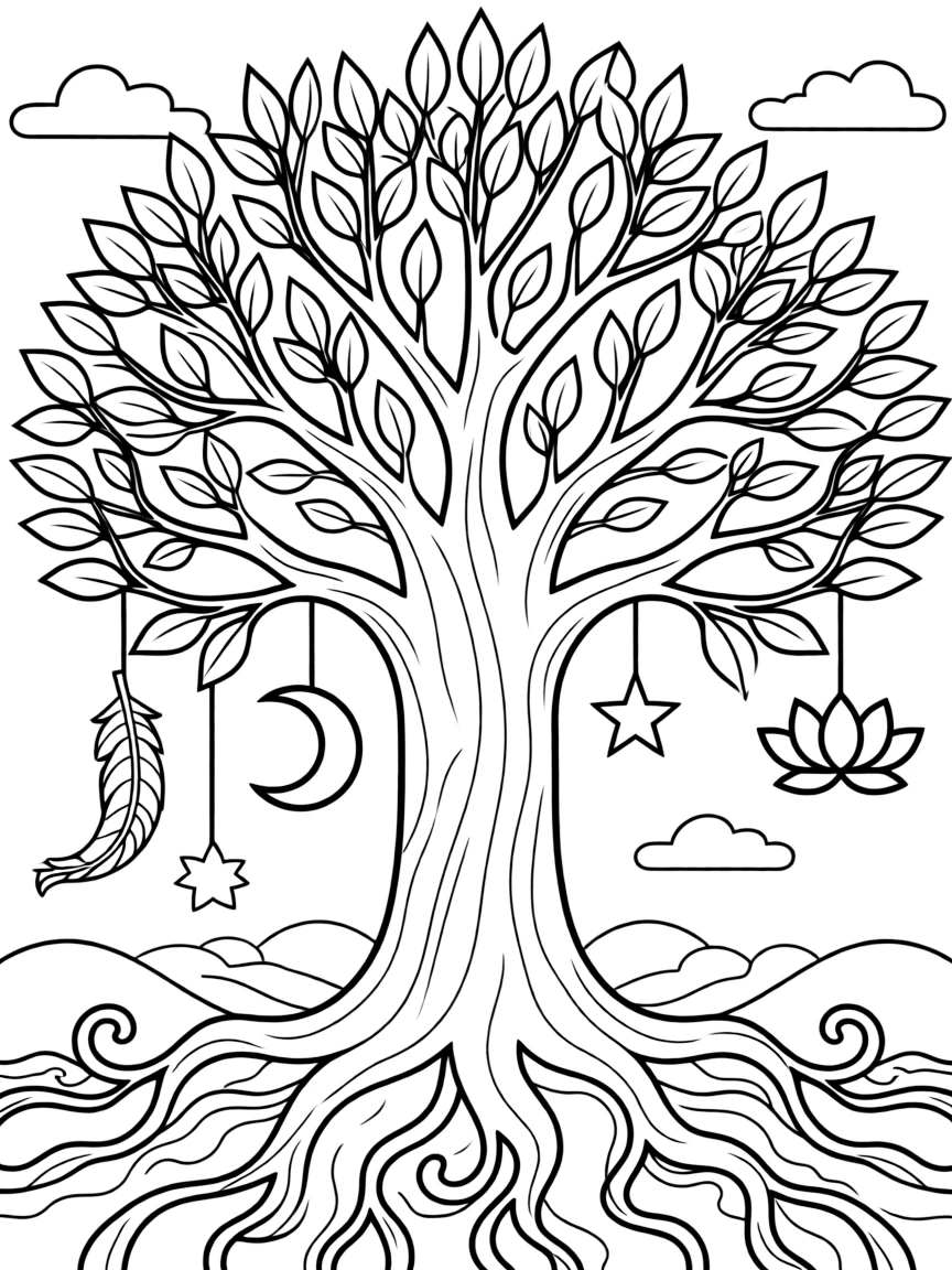 World tree connecting spiritual realms from multiple traditions