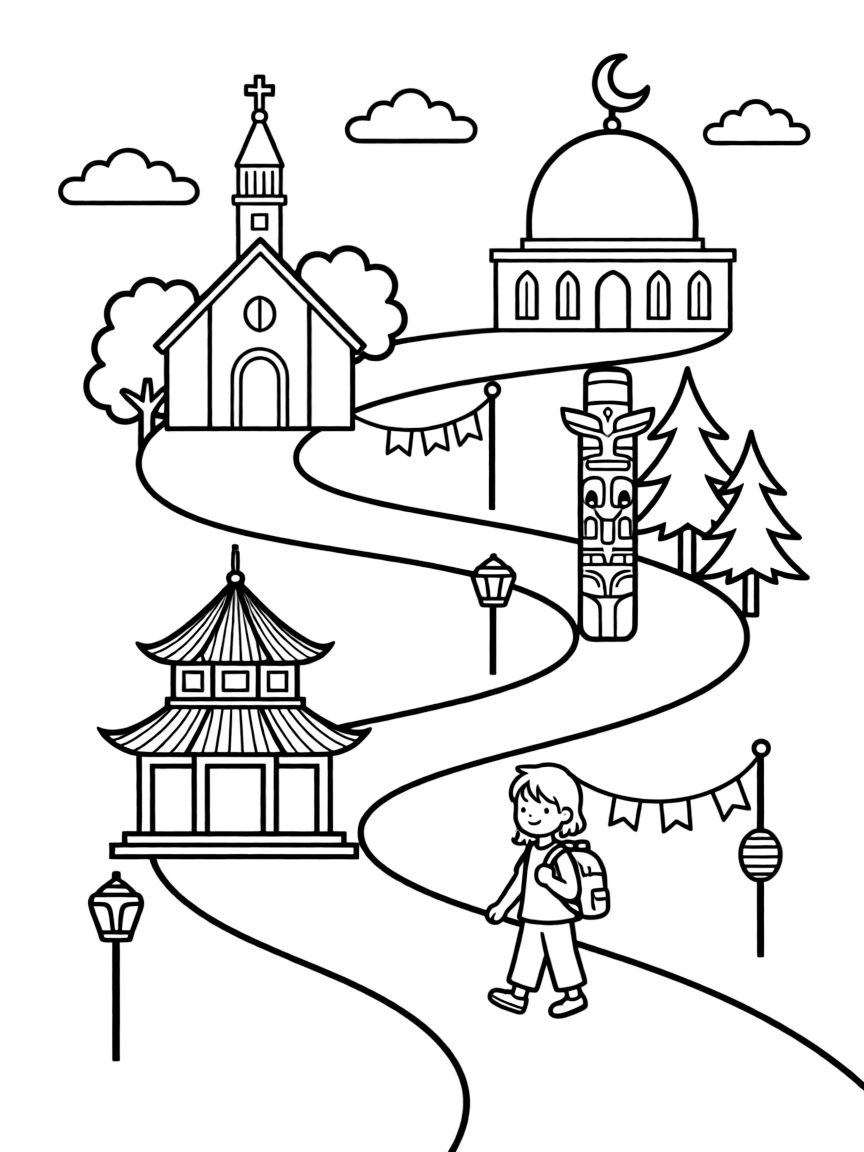 Spiritual journey path with landmarks from different traditions
