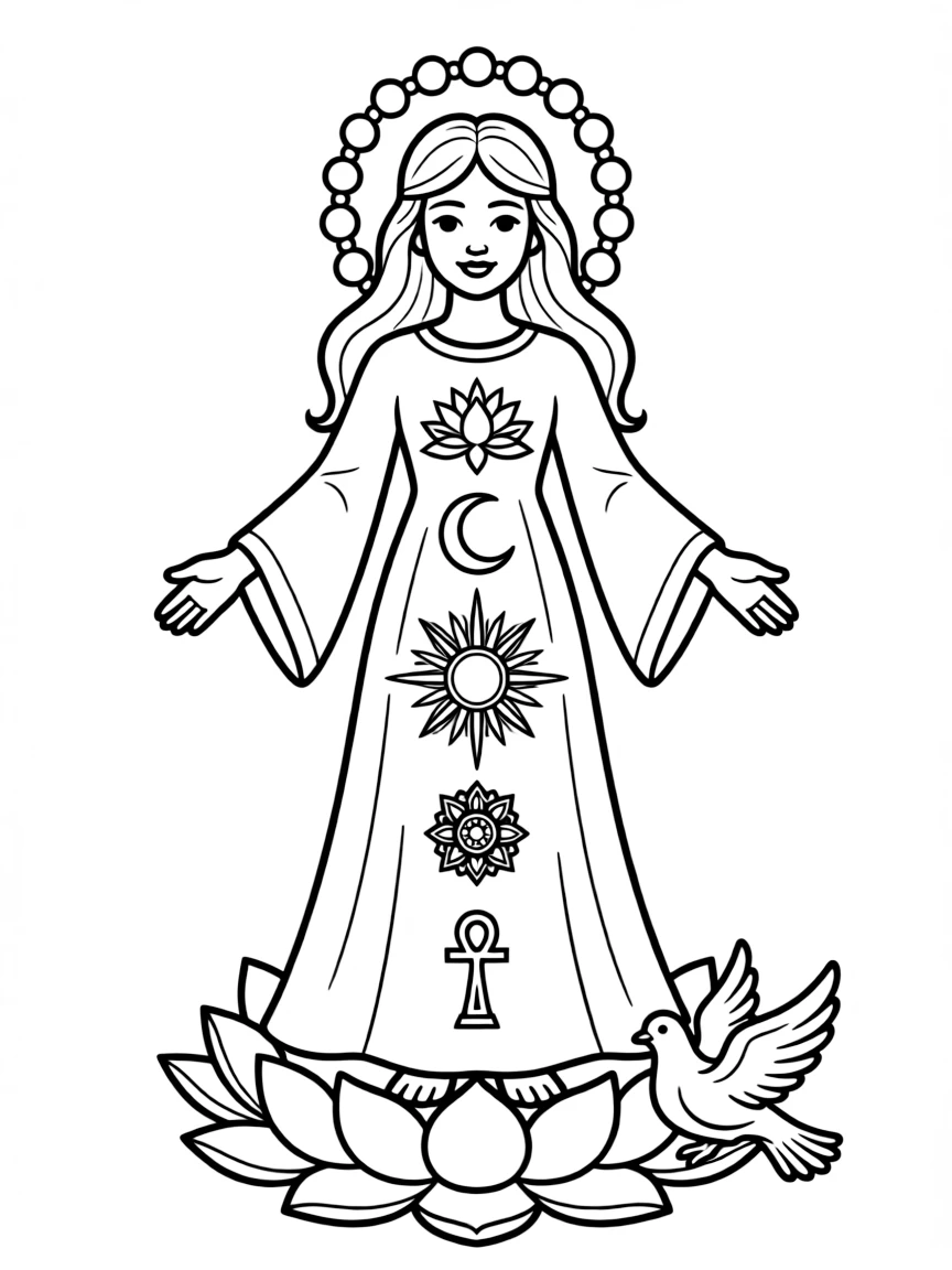 Divine feminine representation with symbols from multiple traditions